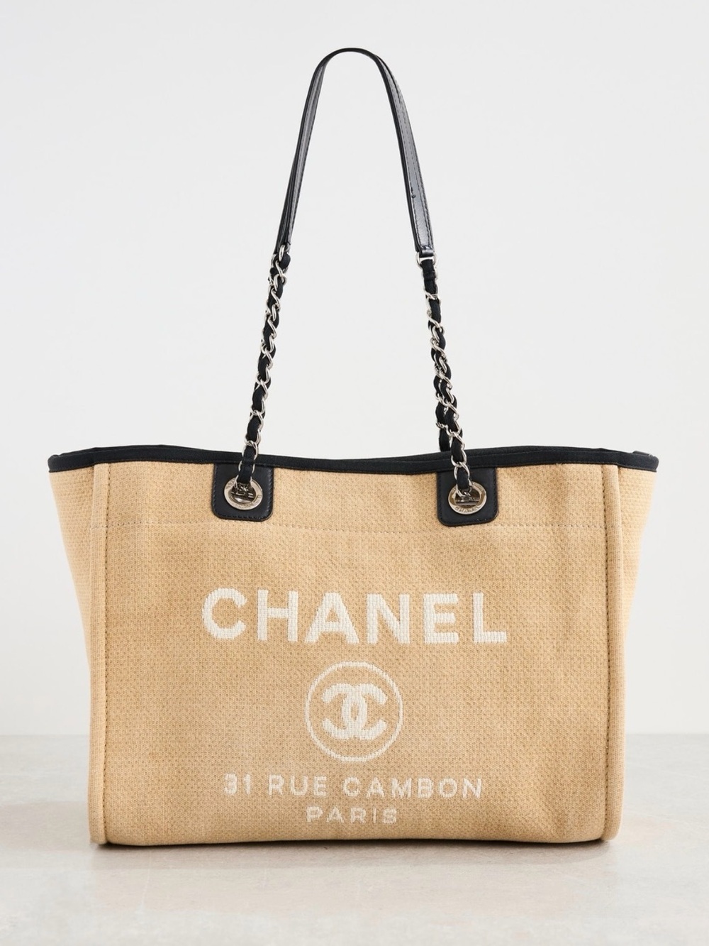 CHANEL small Beige Canvas Logo Tote with Black Trim and Chain Straps
